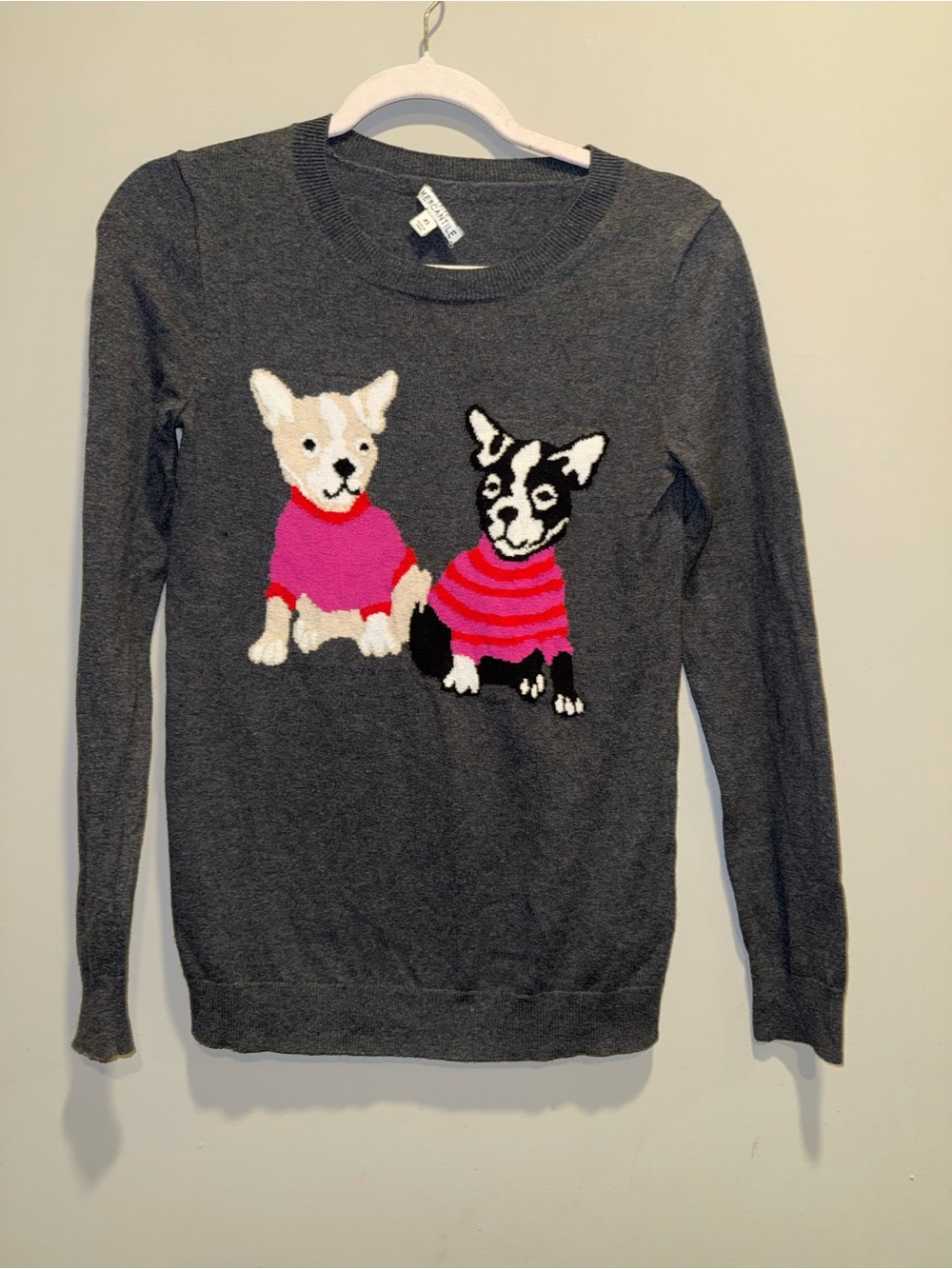 J. Crew Gray Crewneck Sweater with Pink Dog Motif